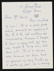 Handwritten letter from Marjorie (Beachcooke)? to Leonard Woolf describing her personal circumstances in the 1960s. 