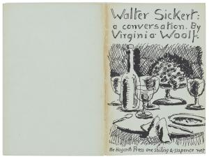Image of book cover: Walter Sickert: a conversation by Virginia Woolf . Light green cover with a pen and ink illustration by Vanessa Bell