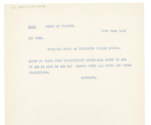 Image of typescript cable from Harcourt, Brace and Company to Virginia Woolf (29/06/1933) page 1 of 1
