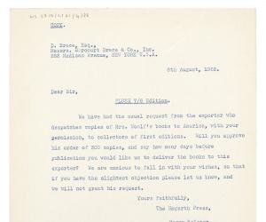 Image of typescript copy of letter from Peggy Belsher to Donald Brace (08/08/1933) page 1 of 1