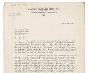 Image of typescript letter from Donald Brace to Margaret West (31/03/1936) page 1 of 1