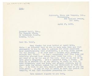 Image of copy of typescript letter from Donald Brace to Leonard Woolf (27/04/1936) page 1 of 1