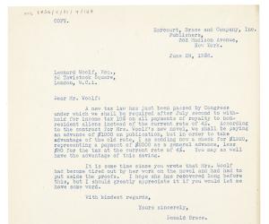Image of copy of typescript letter from Donald Brace to Leonard Woolf (29/06/1936) page 1 of 1