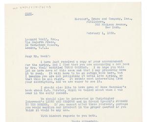 Image of copy of typescript letter from Donald Brace to Leonard Woolf (01/02/1938) page 1 of 1